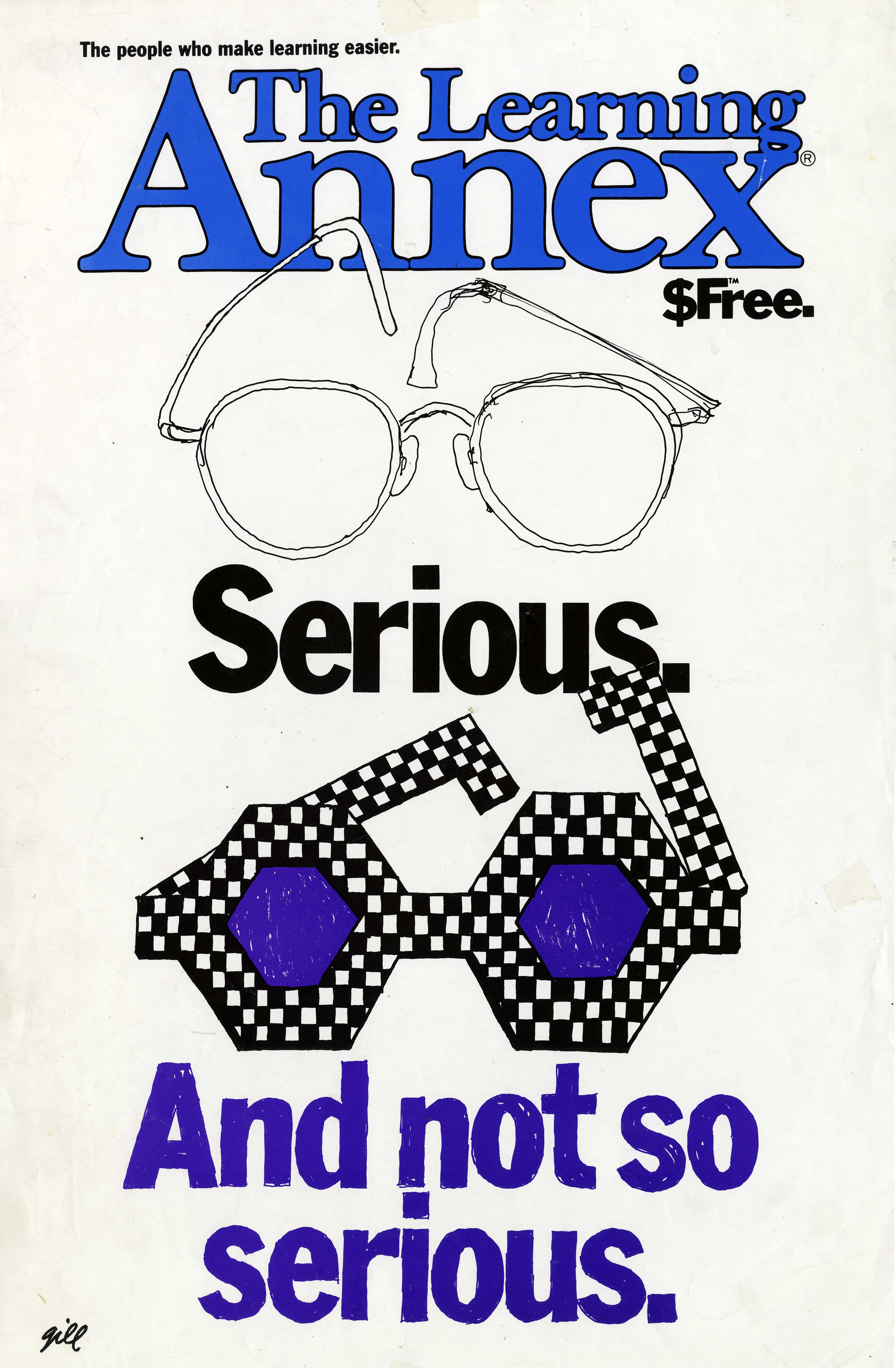one pair of unremarkable eyeglasses and another pair of checkerboard glasses with purple lenses
